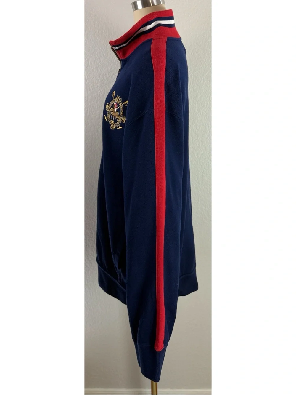 Polo Ralph Lauren Vintage Men's Bomber Sweater Jacket w/ Gold Crest Blue/Red, XL